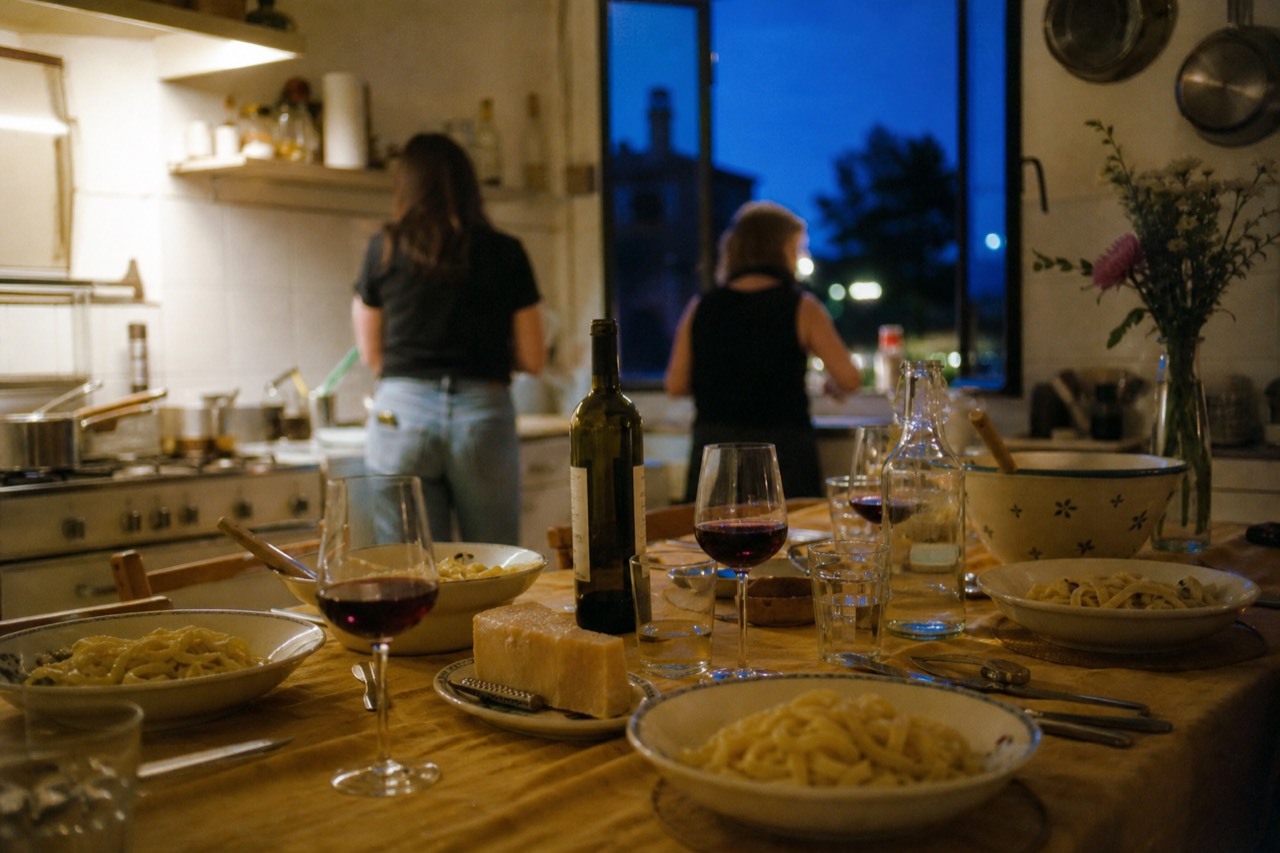 Long table in a sunlit Italian kitchen set with bowls of hand-cut tagliatelle, grated cheese, an open bottle of red wine and mismatched glasses