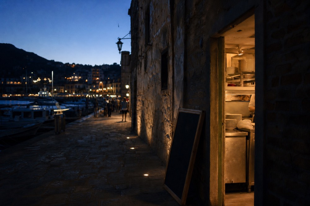A narrow stone street in an Italian city at dusk with warm light spilling from an open kitchen doorway and a chalkboard leaning against the wall
