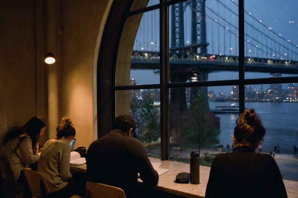 Small class of four working at a marble counter beside a tall arched window looking out over an old stone bridge and the river below