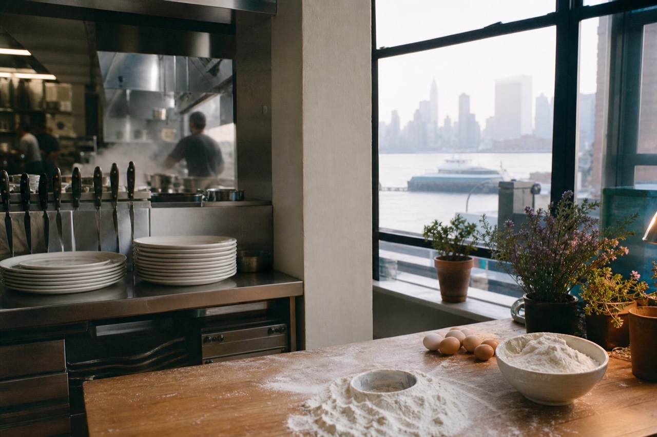 A stainless steel professional kitchen pass with clean white plates and a rack of knives, contrasted against a warm domestic bench with flour and eggs