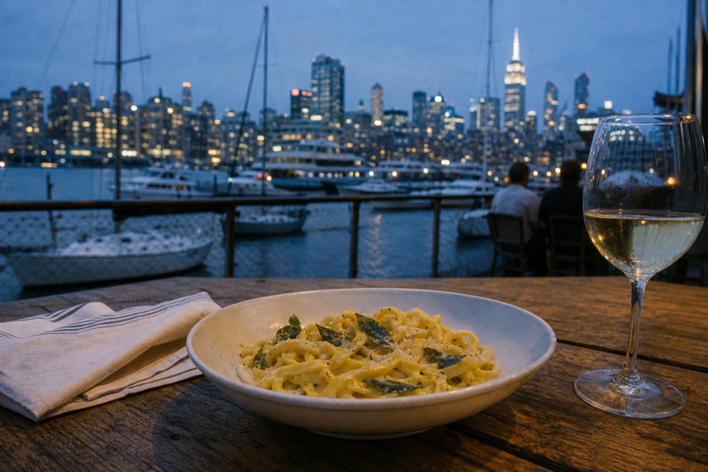 A shallow bowl of tagliatelle in butter and sage on a rustic table beside a half-full wine glass and a folded cloth napkin