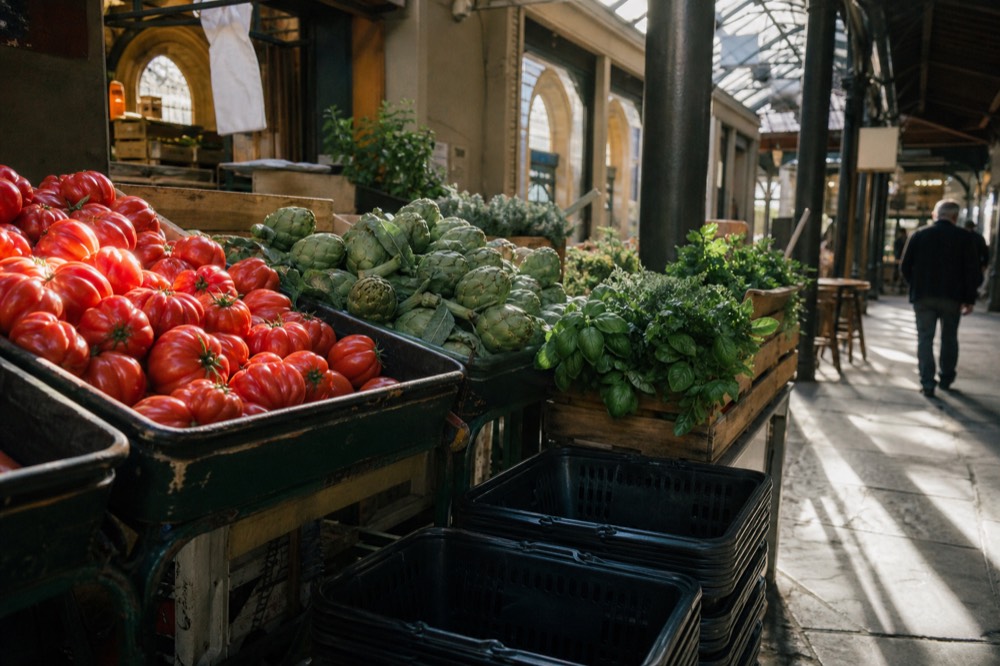 A market stall of tomatoes, artichokes and herbs under morning light in a covered Florentine food hall, empty shopping baskets stacked nearby