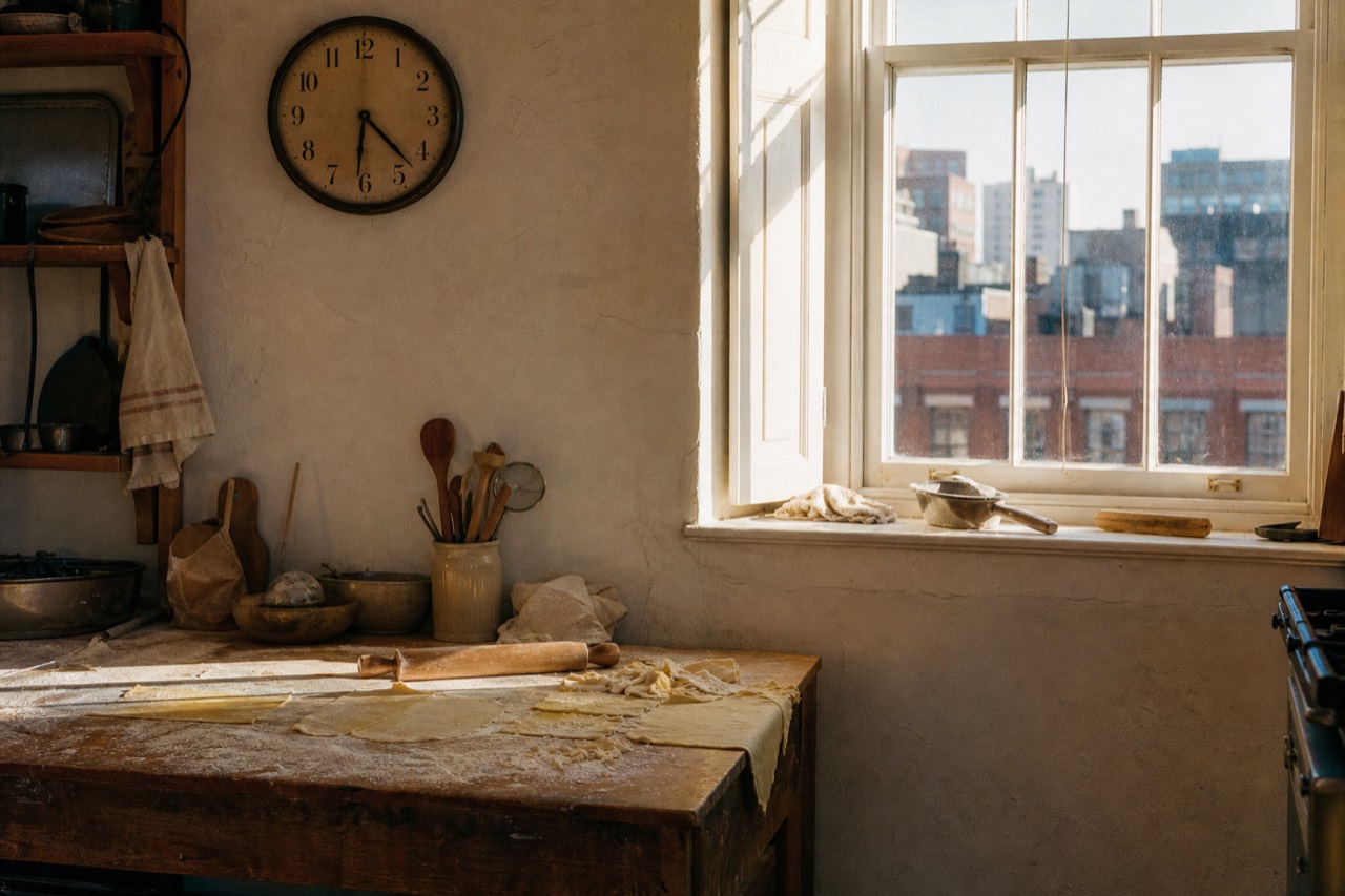 A wall clock above a floured wooden work bench with pasta sheets and a rolling pin, warm afternoon light through a shuttered window