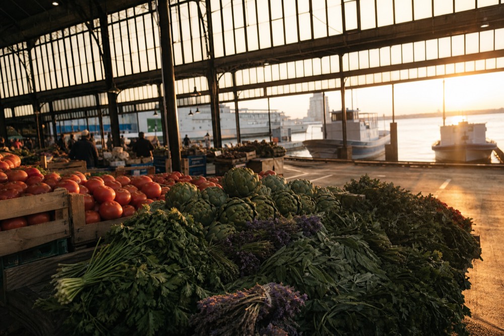 Market stalls piled with tomatoes, artichokes and bundles of herbs under a high iron and glass roof, early morning light through the panes