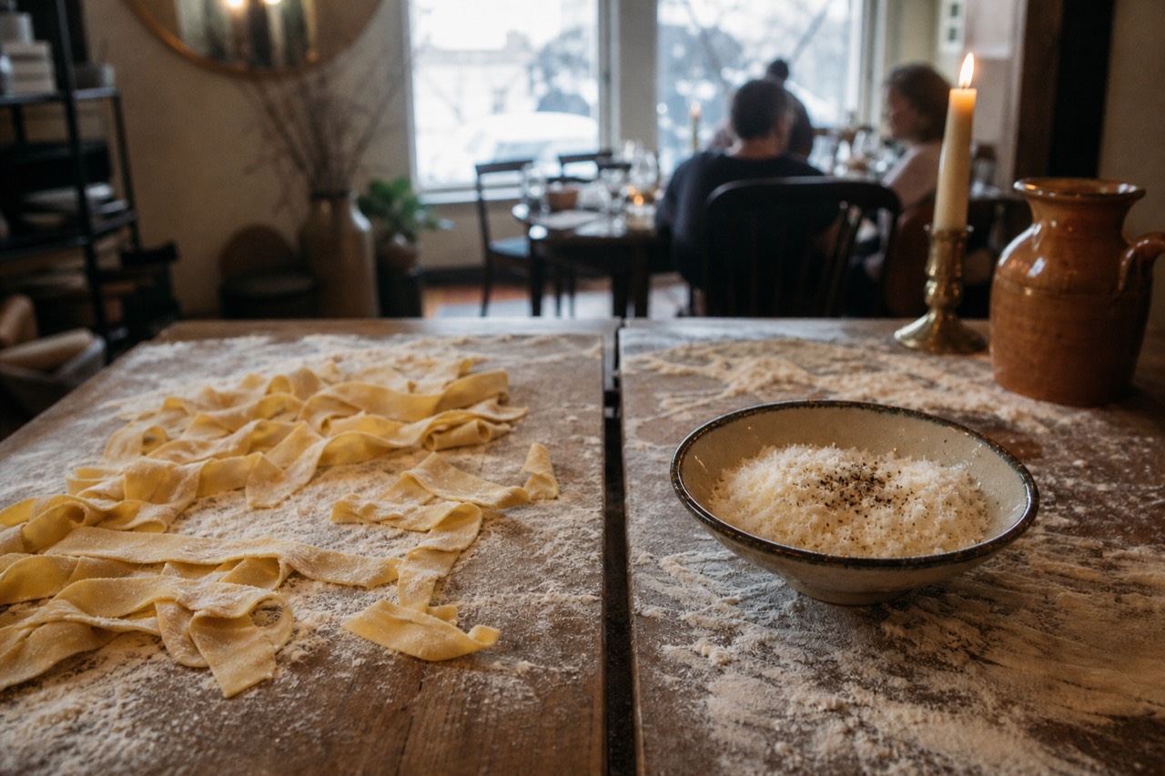 Two floured wooden benches side by side, one with wide egg pasta ribbons and one with a bowl of grated pecorino and cracked black pepper