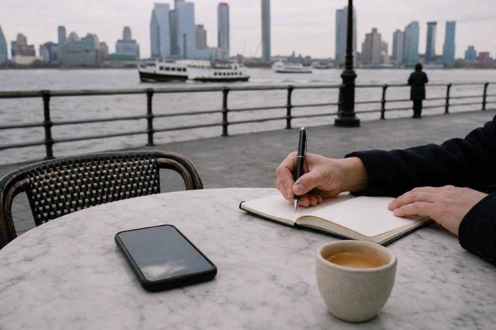 Hands writing in a small notebook next to a phone and an espresso cup on a marble café table