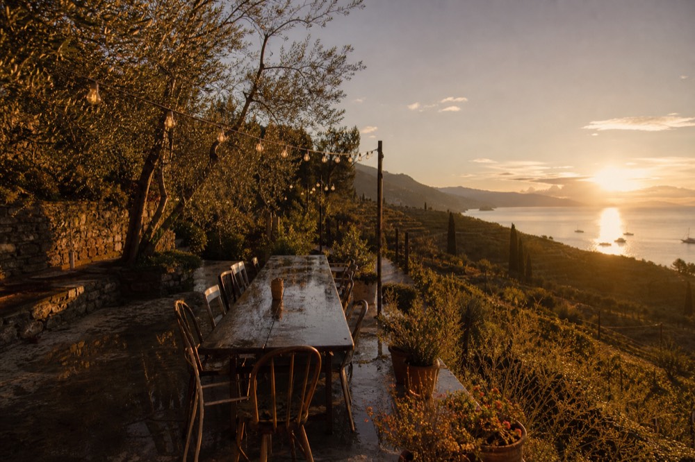 Rustic hillside terrace strung with lights, long communal table with mismatched chairs, olive trees and terraced vineyards dropping toward the coast at golden hour