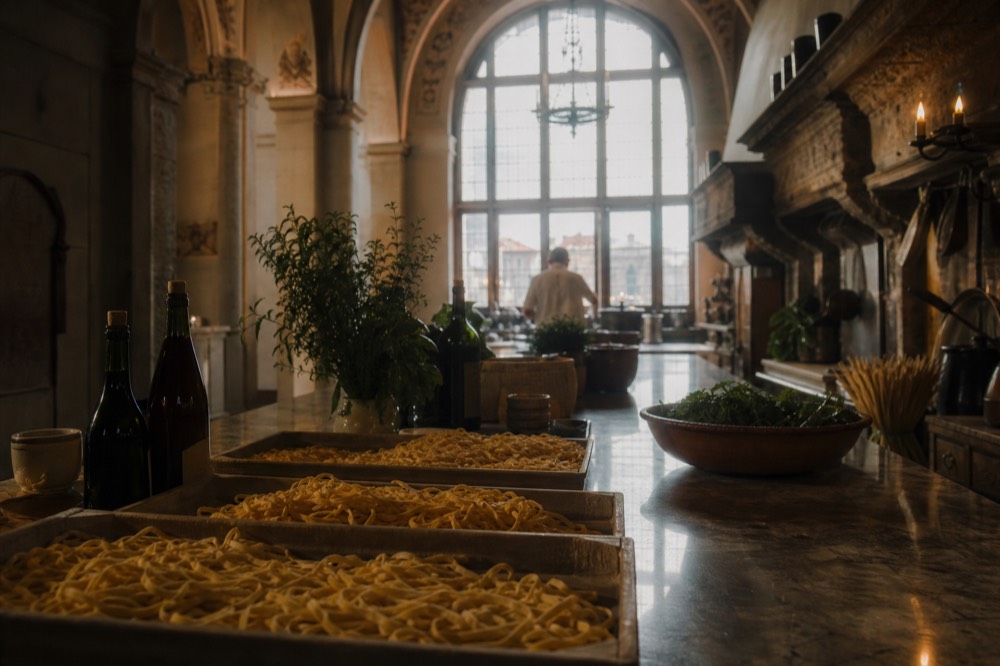 Renaissance-era stone kitchen in a Florentine palazzo with vaulted ceiling, trays of hand-cut tagliatelle and bottles of Chianti on a long marble counter