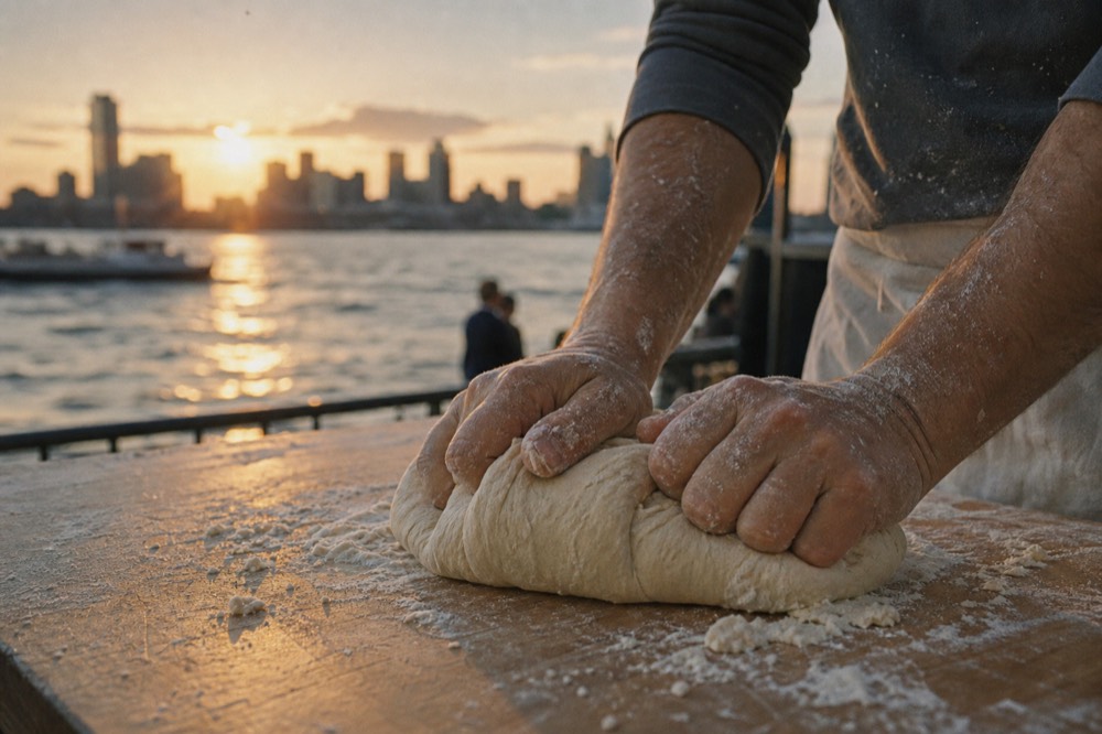 Close view of hands with floured forearms kneading pale dough on a wooden board, sleeves pushed to the elbow