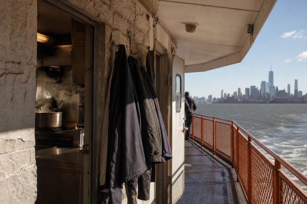 Coats hung on hooks by a stone doorway with a warm lit kitchen beyond, steam rising from a pot