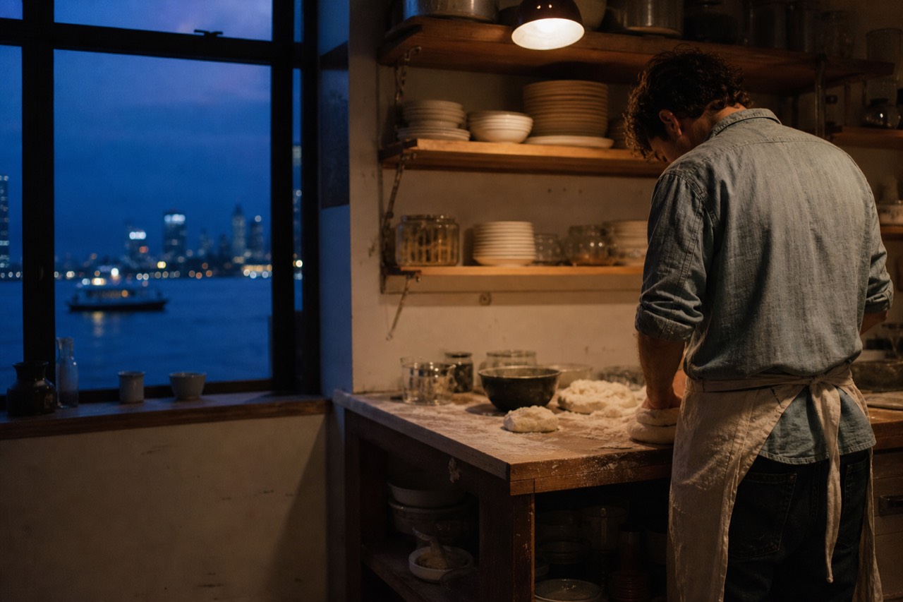 Linen apron tied over jeans and a rolled-sleeve shirt beside a floured wooden work surface