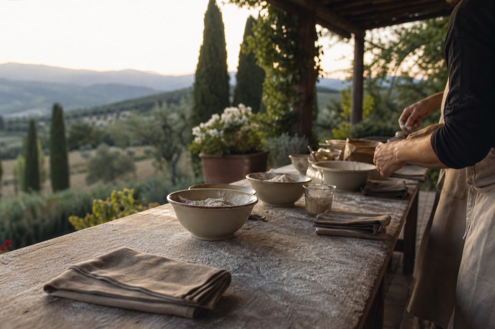 A stone farmhouse terrace above Tuscan hills with a long wooden table