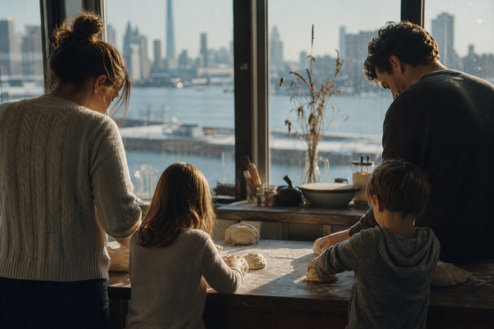 A family of four at a long kitchen bench, two children kneading small dough balls while parents work a larger sheet, sunlight through a tall window
