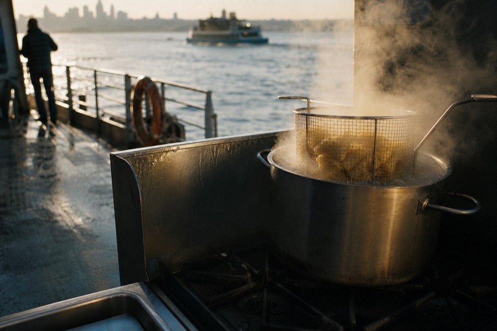 A large pot of salted water at a rolling boil on a gas range with a single wire basket of short pasta shapes going in, steam rising in afternoon light