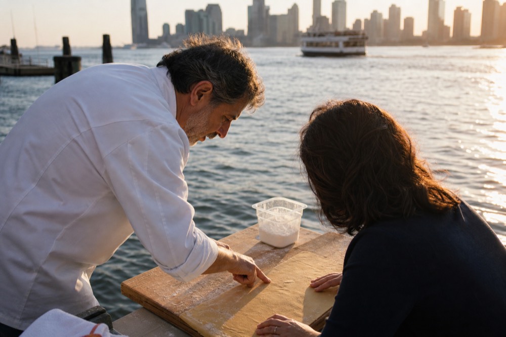 A chef in a plain white jacket leaning over a guest's hands at a small bench, pointing at the edge of a rolled dough sheet, warm side light