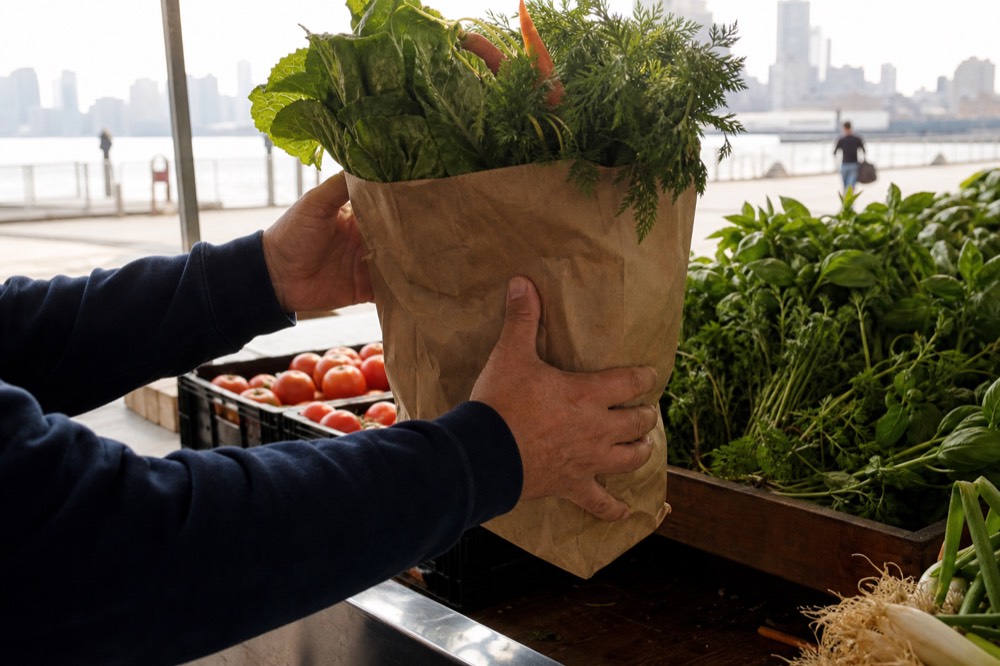 Hands lifting a paper bag of fresh vegetables from a market stall counter, crates of tomatoes and herbs behind, soft morning light