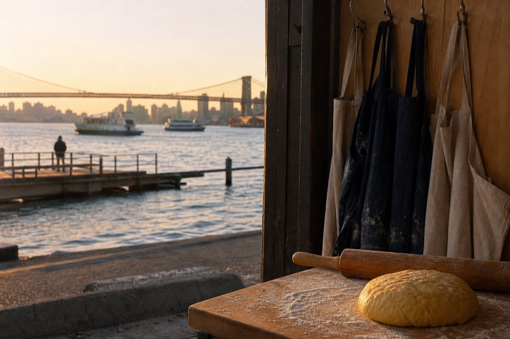Aprons hanging on hooks beside a floured wooden work surface with a rolling pin and a mound of egg dough