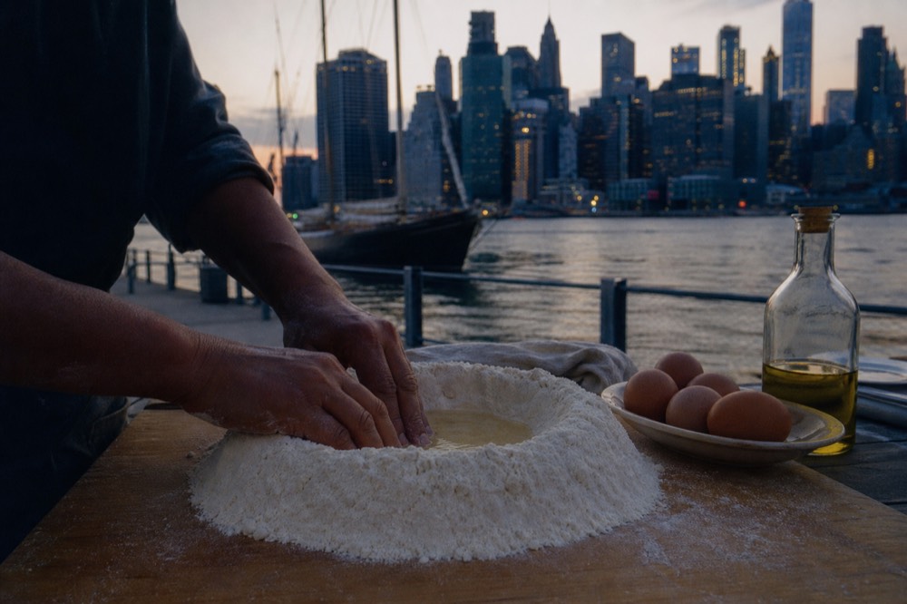 Hands pressing a well into a mound of flour on a wooden board, eggs and a bottle of olive oil to one side