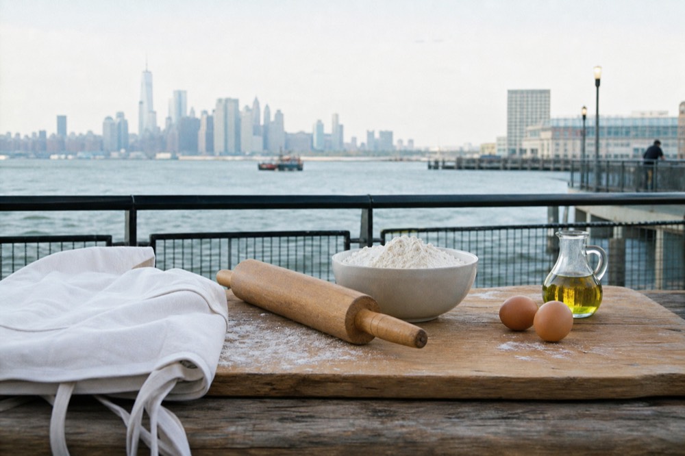 Neatly laid class station with a folded apron, a rolling pin, a bowl of flour, two eggs and a small jug of olive oil on scrubbed wood
