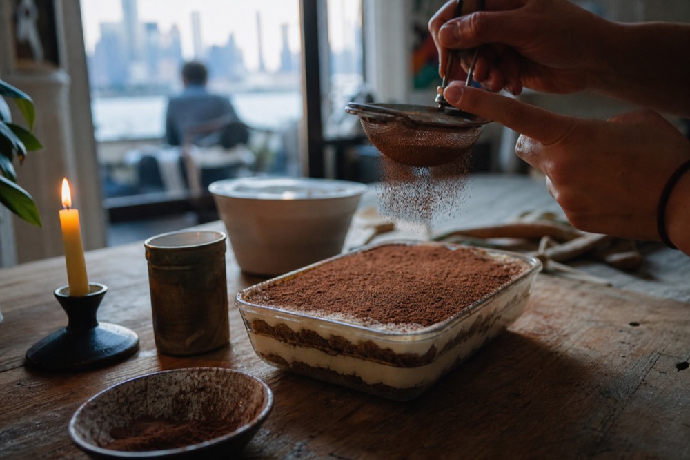 Layered tiramisu in a rectangular glass dish being finished with a fine dusting of cocoa through a small sieve