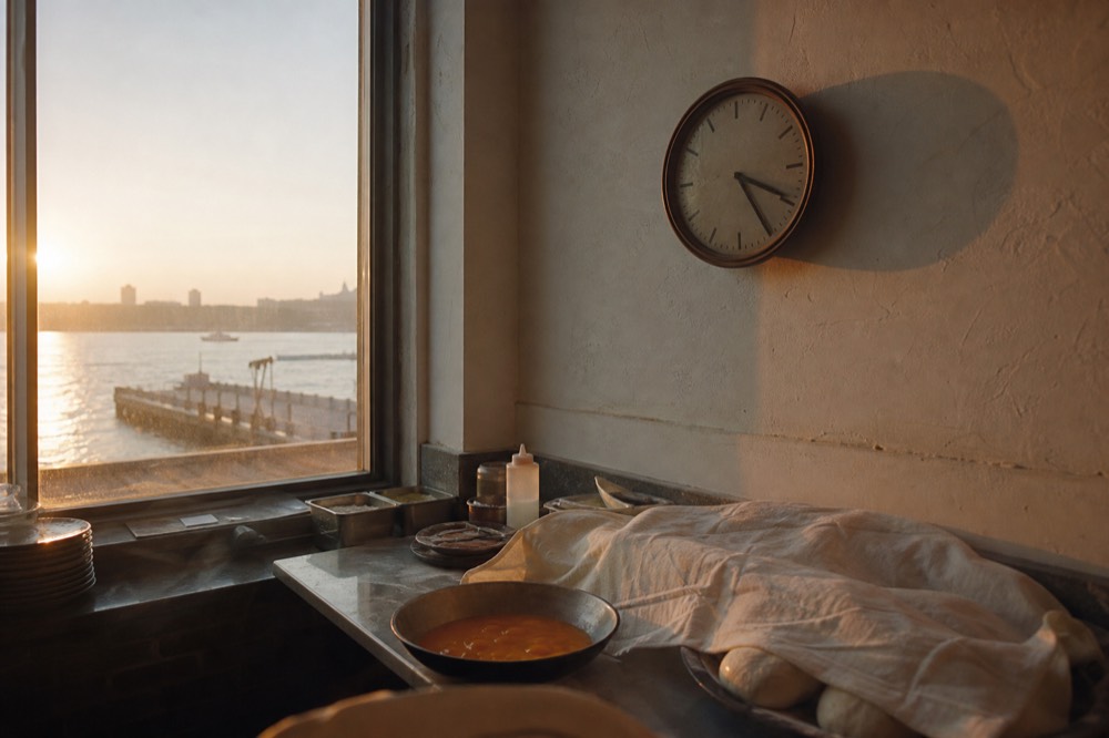Kitchen clock on a plastered wall above a counter where dough rests under a cloth beside a bowl of egg yolks